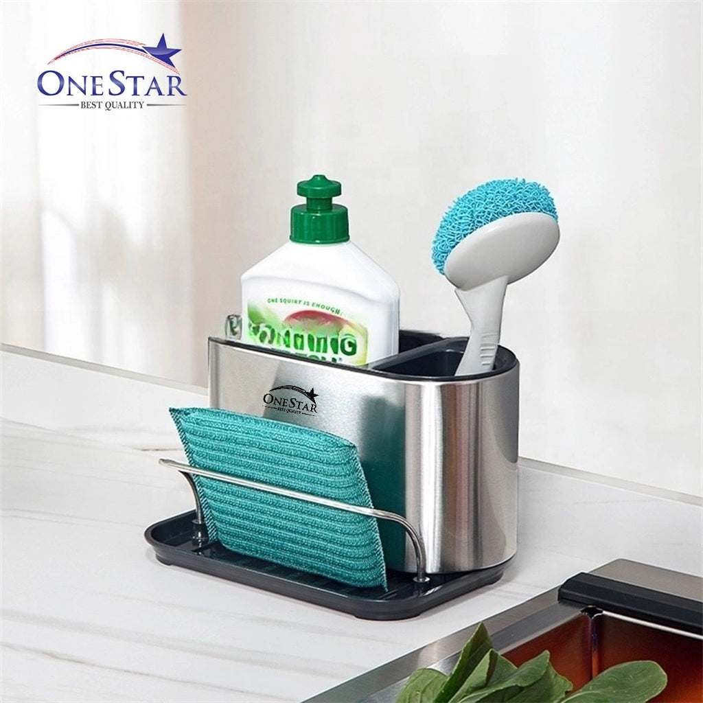 One Star Sink Organizer with Sponge Holder – Kitchen Sink Caddy for Soap, Brush & Sponge Storage