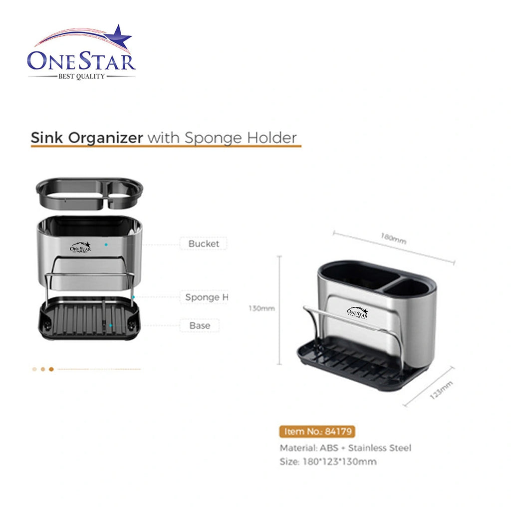 One Star Sink Organizer with Sponge Holder – Kitchen Sink Caddy for Soap, Brush & Sponge Storage