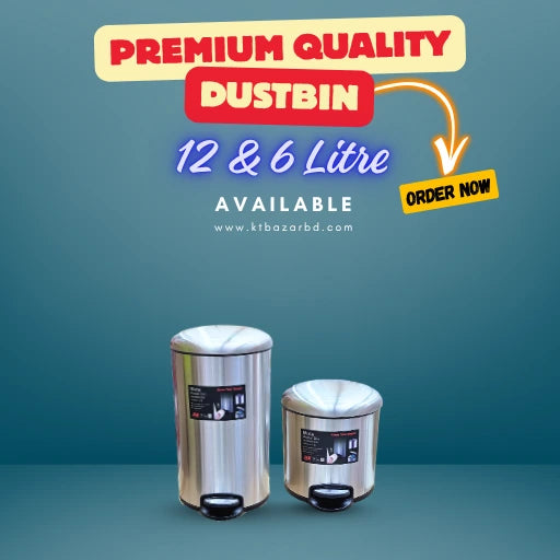 Two metallic trash bins with promotional text about premium quality dustbins on a blue background.