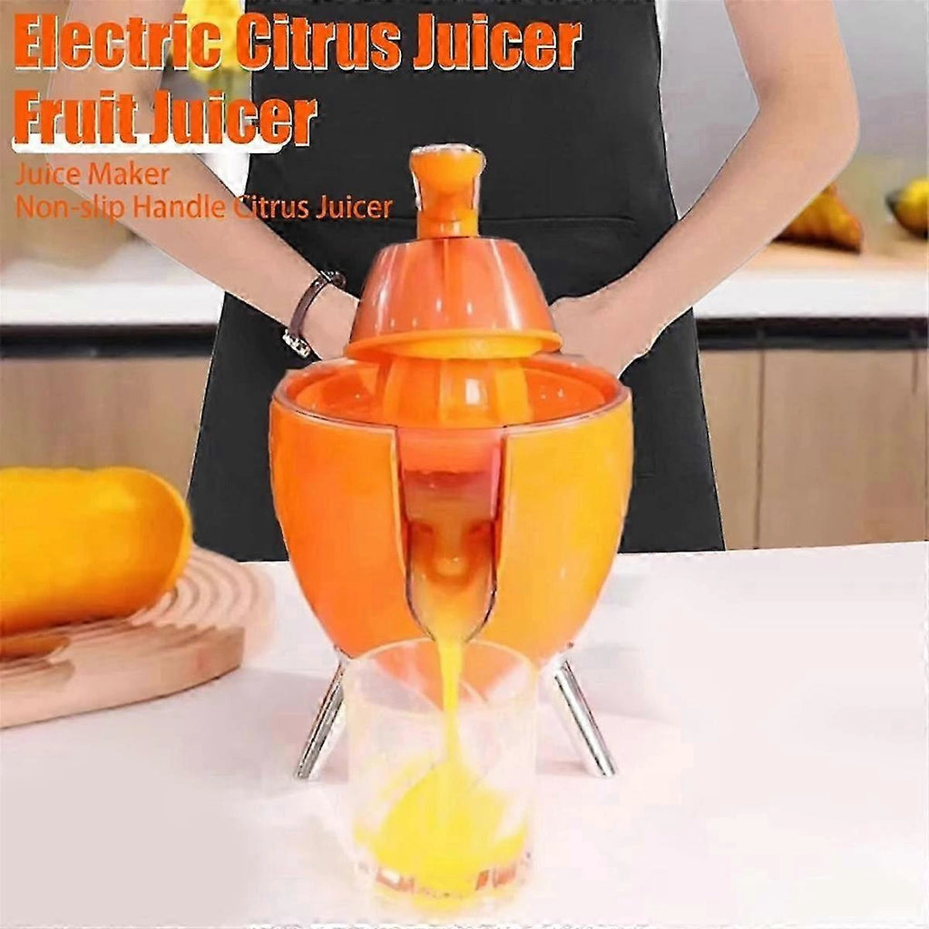 Orange electric citrus juicer being used to extract juice from a lemon, with text indicating it is a fruit juicer.