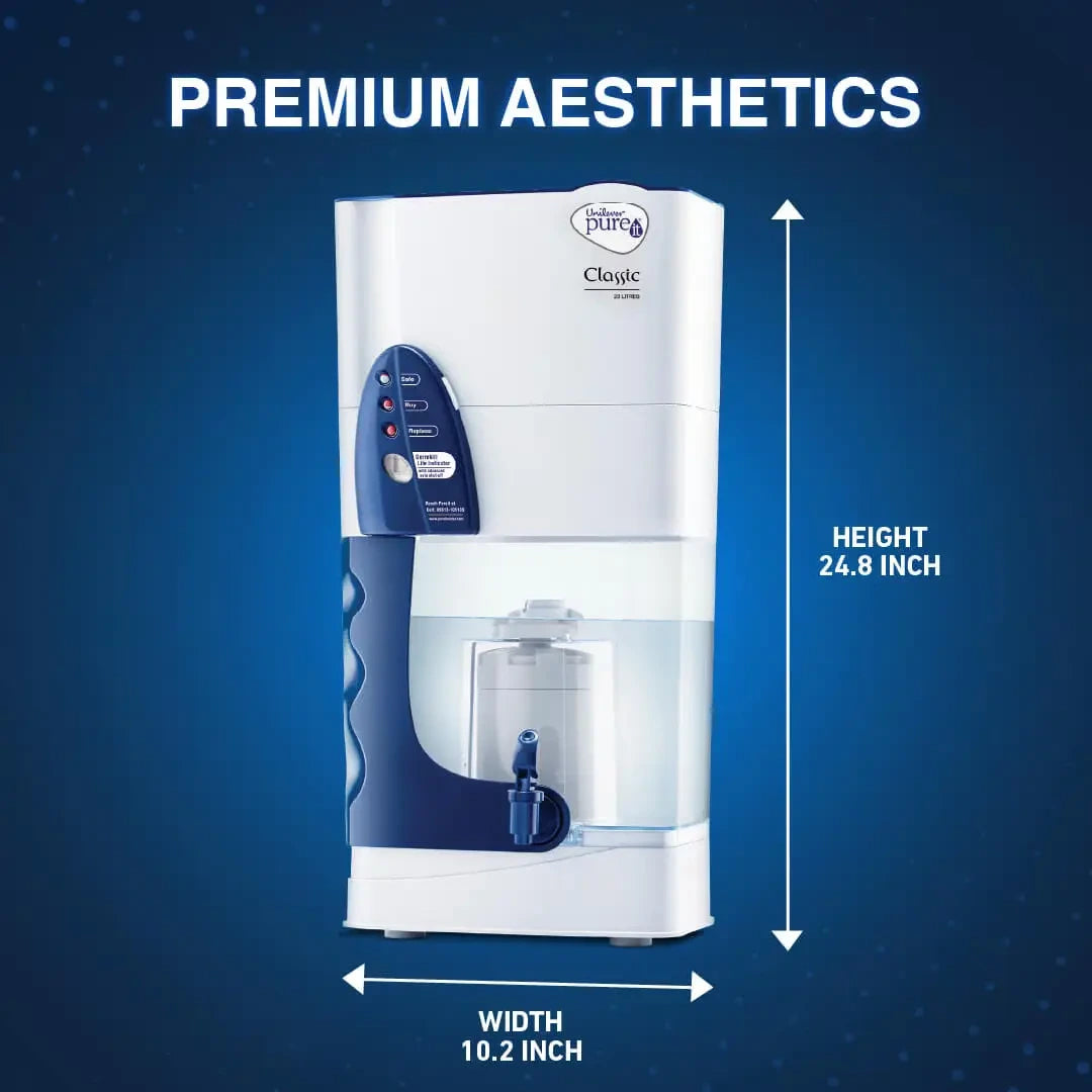 Blue and white water dispenser with dimensions on a blue background