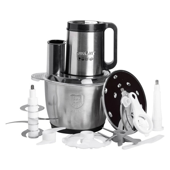 Sokan food processor with attachments on a white background