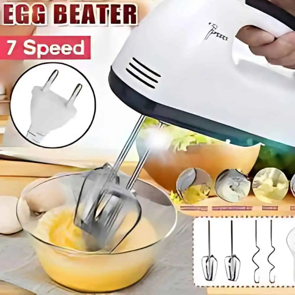 Handheld electric egg beater with 7 speed settings being used to mix eggs in a bowl.