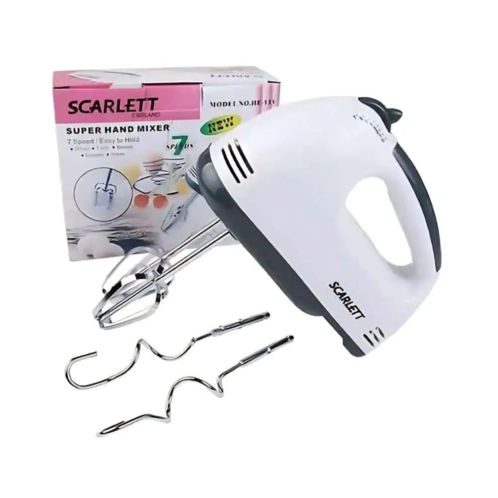 Scarlett hand mixer with attachments and packaging on a white background