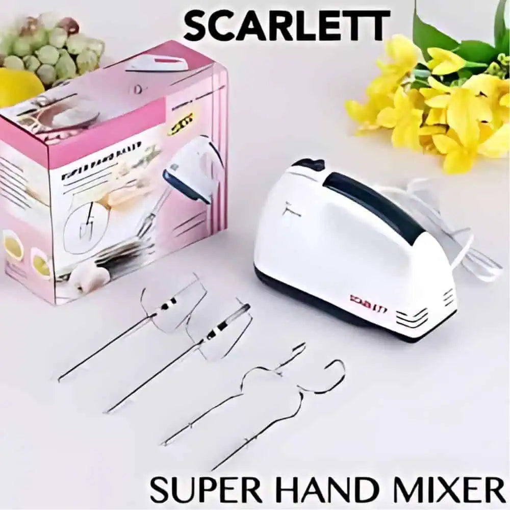 Scarlett super hand mixer with attachments and packaging on a white background