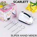Scarlett super hand mixer with attachments and packaging on a white background