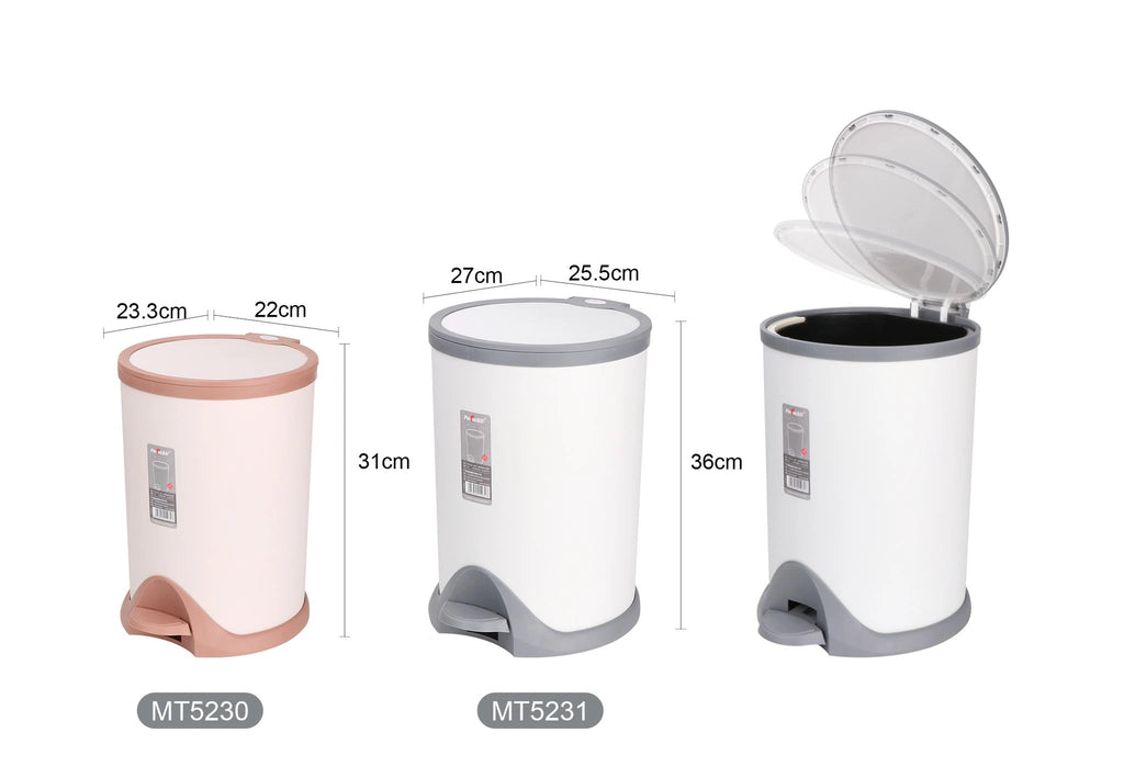 Three different sizes of trash bins with dimensions labeled on a white background