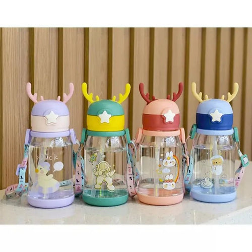 600ml Kids Cartoon Straw Water Bottle – Antlers Design, Large Capacity - KT Bazar BD Shop
