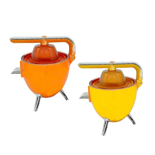Two orange and yellow manual juicers on a white background