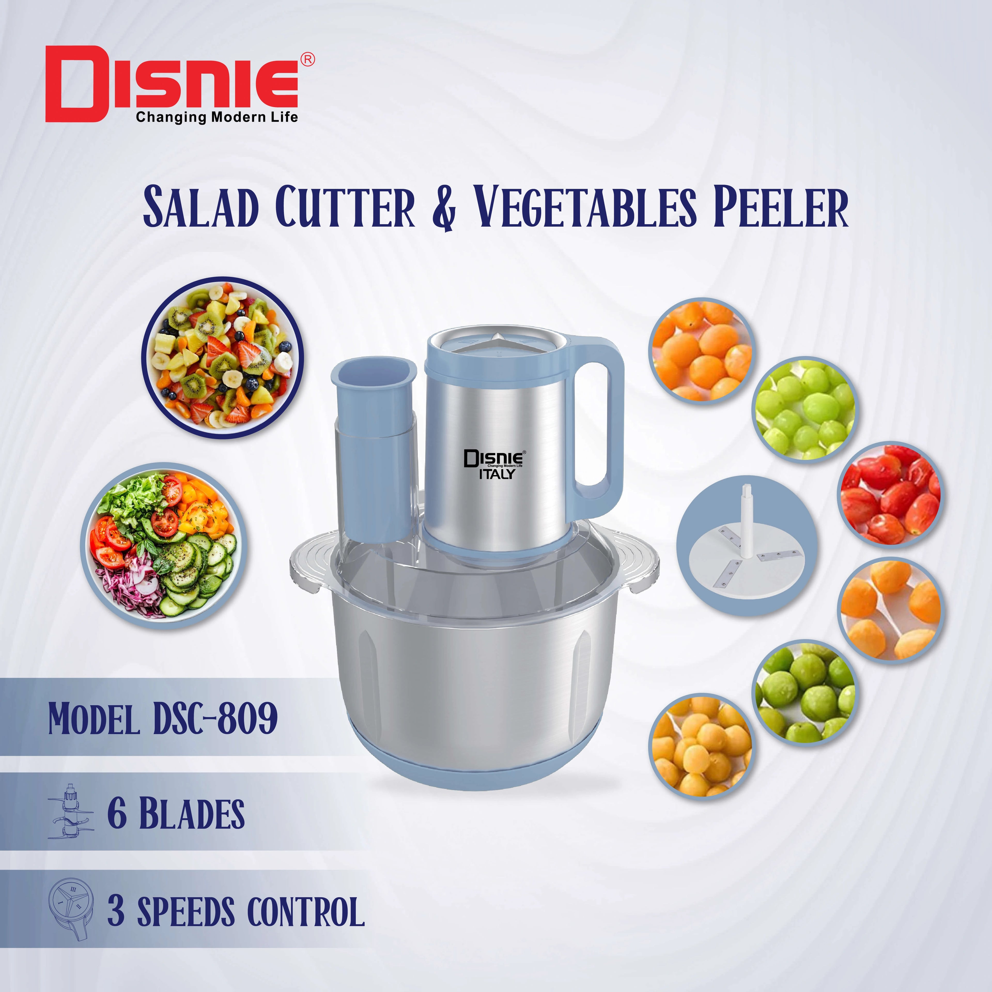 Disney Salad Cutter & Vegetable Peeler DSC-809 – Multifunction Kitchen Chopper with 6 Stainless Steel Blades 5.5L