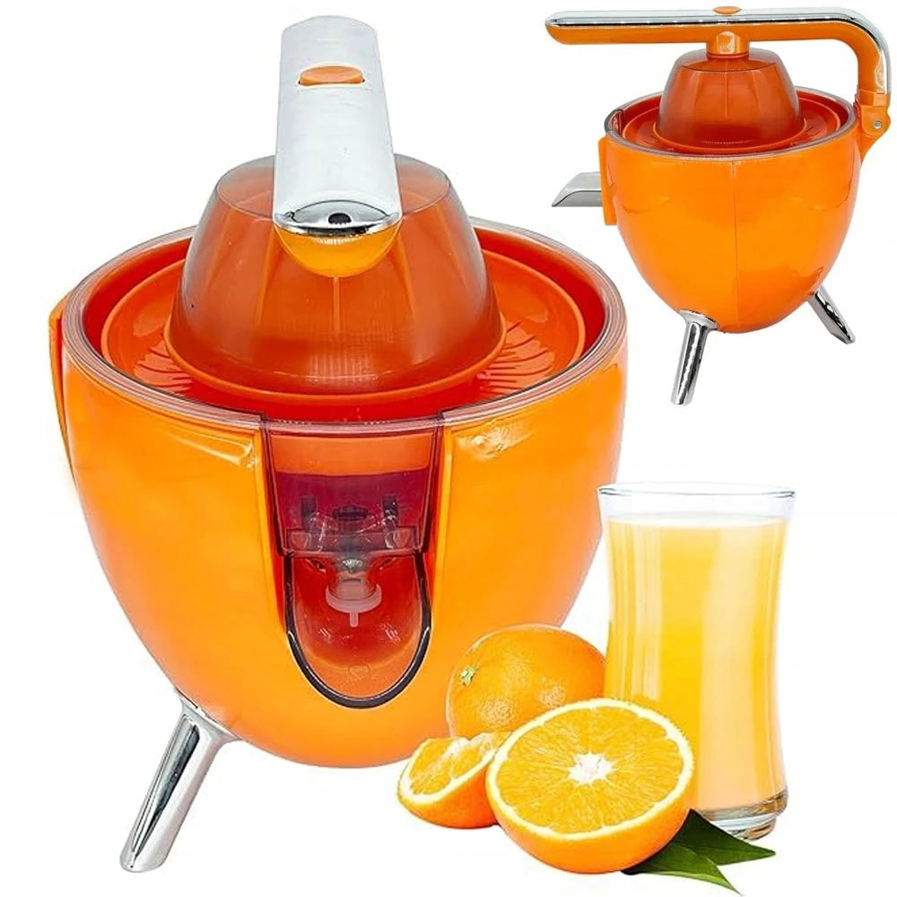 Orange juicer with oranges and juice on a white background
