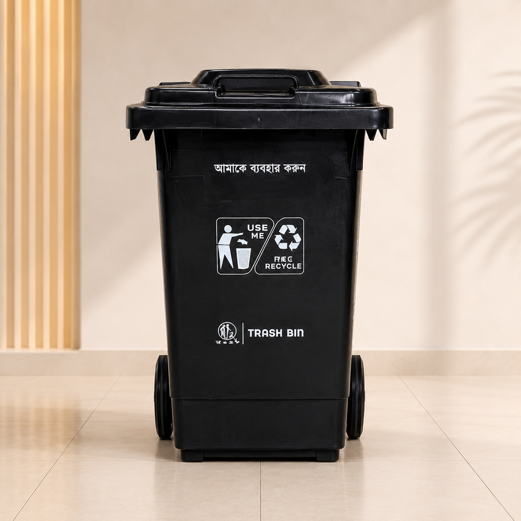 Black trash bin with recycling symbols on a light background