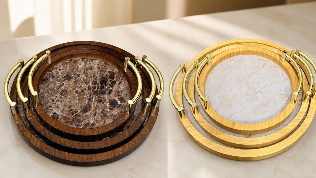 Premium Wooden Serving Tray Set (3 Pcs) – Marble Design Decorative Tea, Coffee & Serving Tray Set