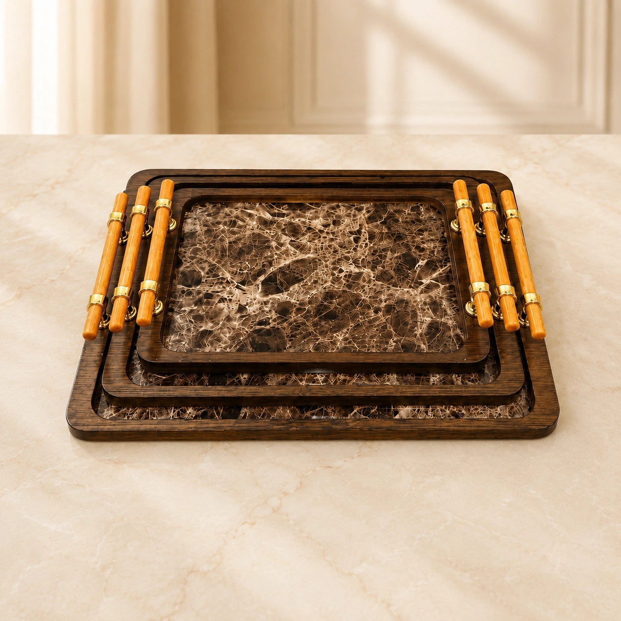 Premium Wooden Serving Tray Set (3 Pcs) – Marble Design Decorative Tea, Coffee & Serving Tray Set