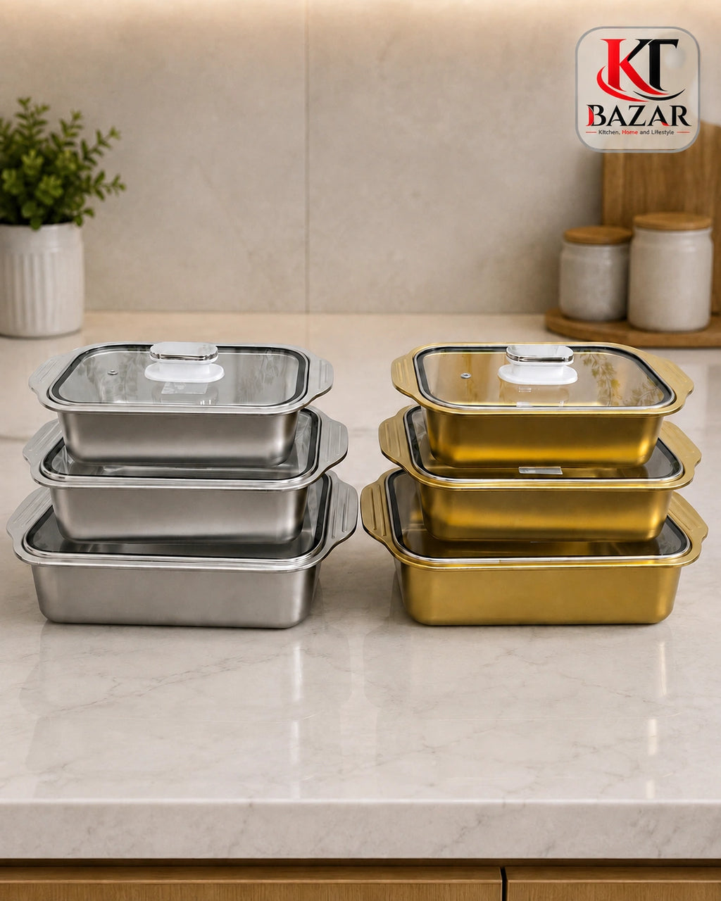 Premium Stainless Steel Food Storage Container Set (3 Pcs) with Glass Lid – Kitchen Storage & Serving Bowl Set