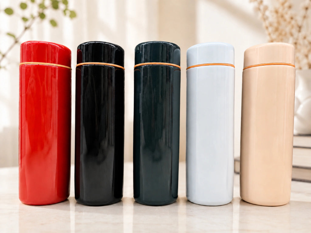 Five colorful thermos bottles on a light surface with a blurred background
