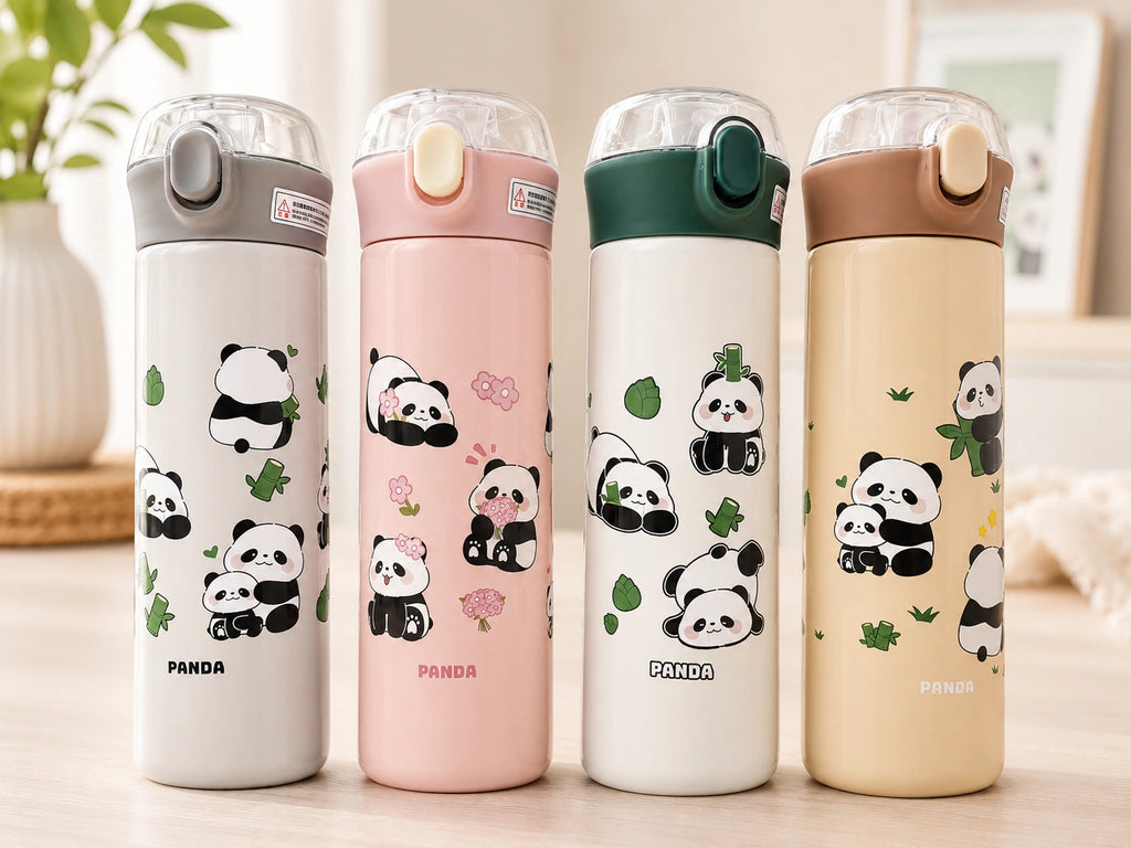 Four water bottles with panda designs on a wooden surface.