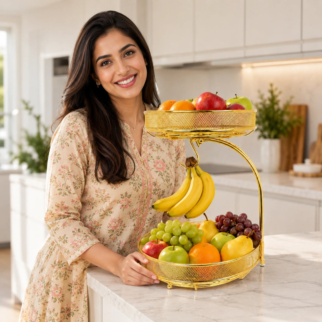 2 Tier Golden Fruit Basket with Banana Hook – Premium Metal Fruit & Vegetable Organizer for Kitchen Counter & Dining Table