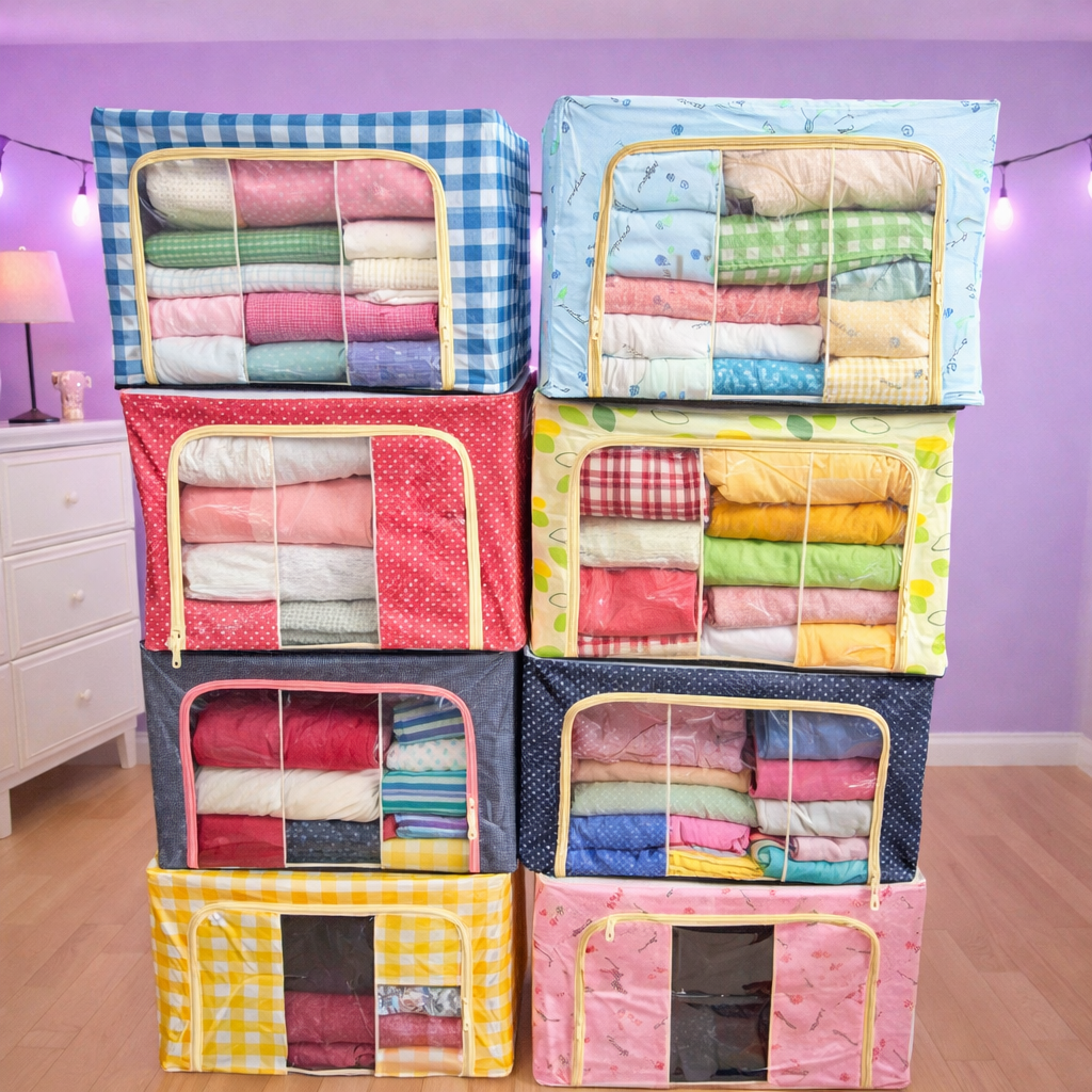 Foldable Fabric Storage Box with Zipper, Large Clothes Organizer Storage Bag, Wardrobe Quilt Blanket Storage Box(multicolor)