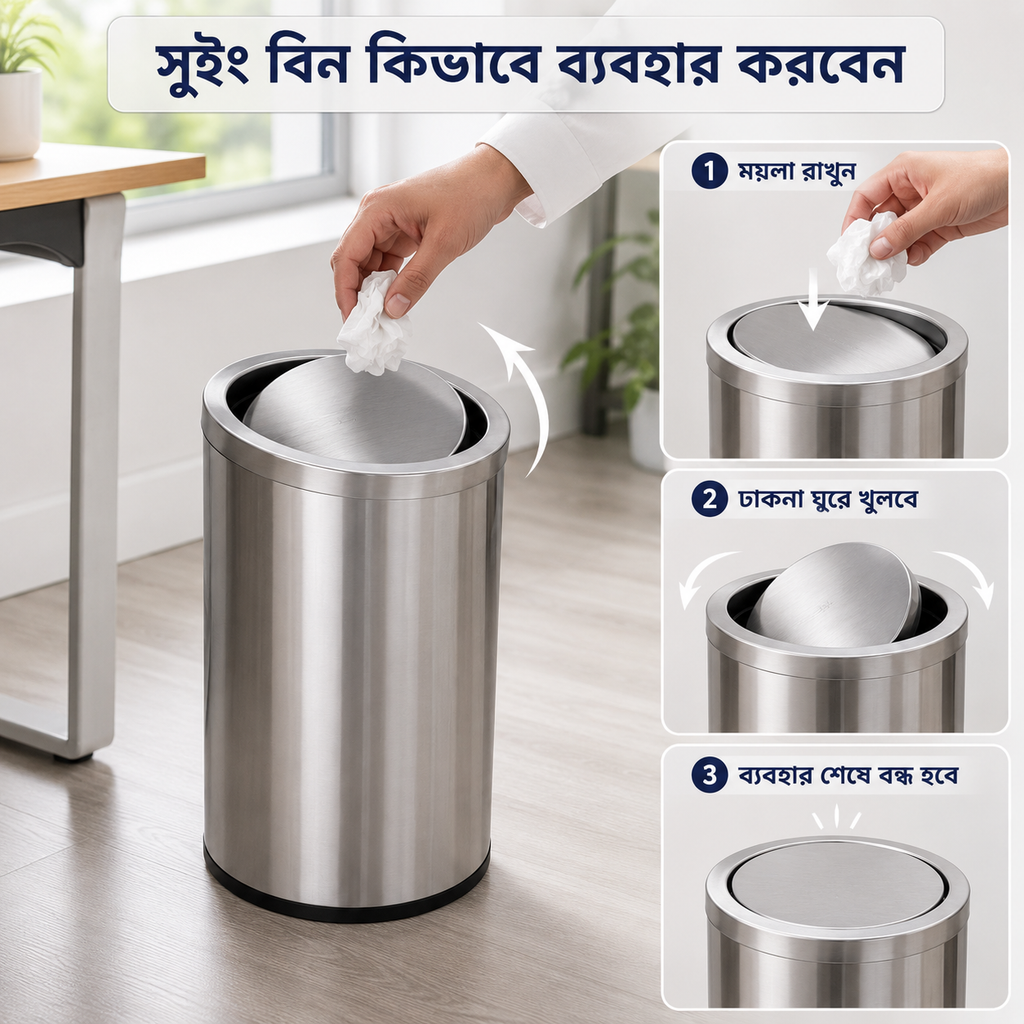 Premium Stainless Steel Swing Dustbin 9L, 18L & 30L – Heavy Duty Waste Bin for Home, Office & Kitchen