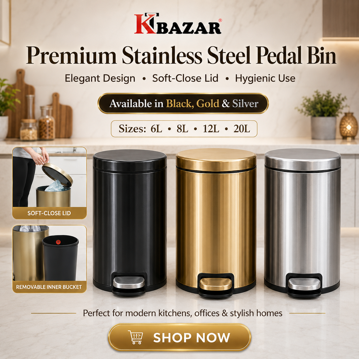 Stainless Steel Hydraulic Dustbin 6,8,12,20 Litre