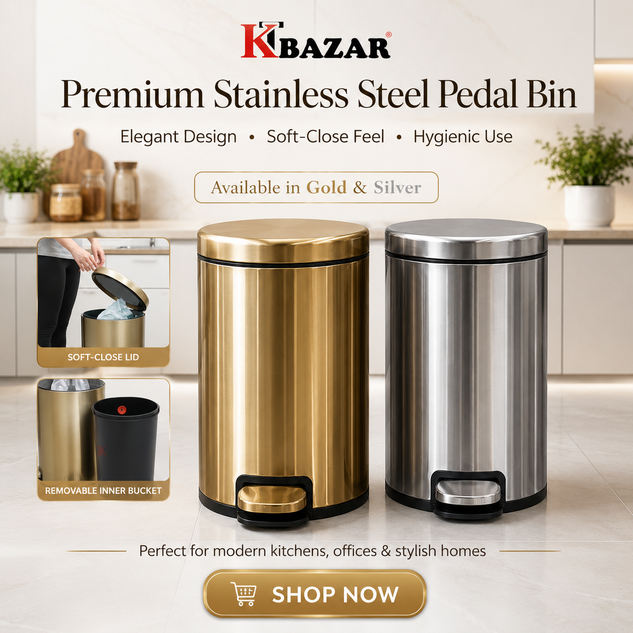 Stainless Steel Hydraulic Dustbin 6,8,12,20 Litre