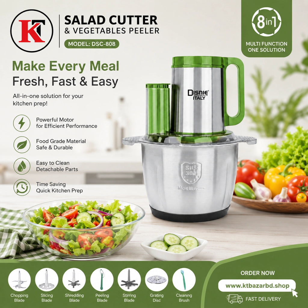 K salad cutter and vegetables peeler with kitchen setup and vegetables on a table