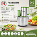 K salad cutter and vegetables peeler with kitchen setup and vegetables on a table