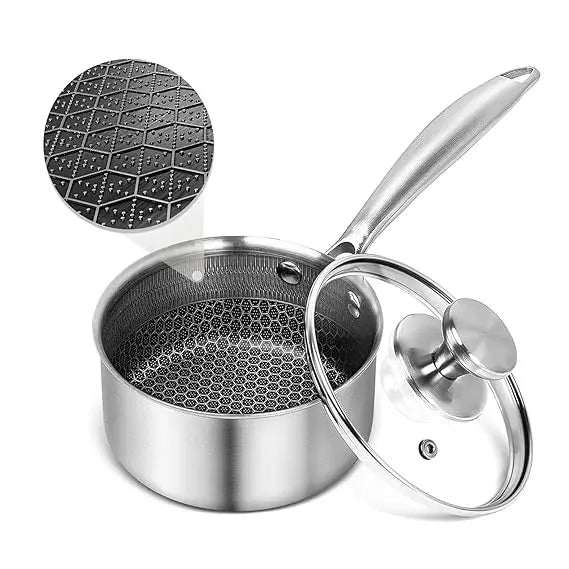 Uncoated Honeycomb Design Stainless Steel/Milk Pan with Glass Lid