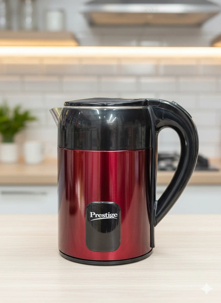 Red electric kettle with black handle on a kitchen counter