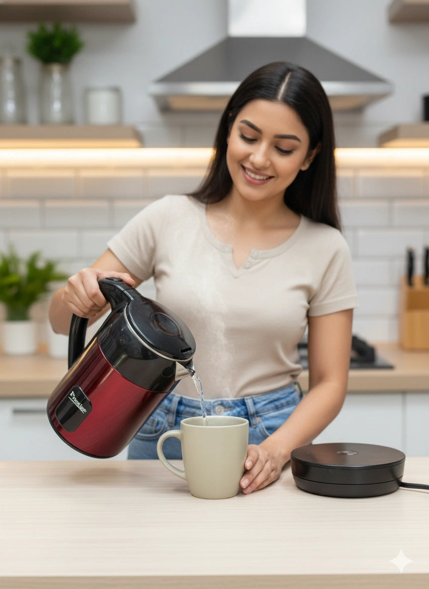 Woman pouring tea from a black and red thermos into a white mug in a kitchen.