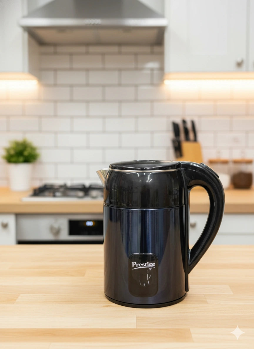 Black Prestige kettle on a kitchen counter with a tiled backsplash and wooden cabinets.