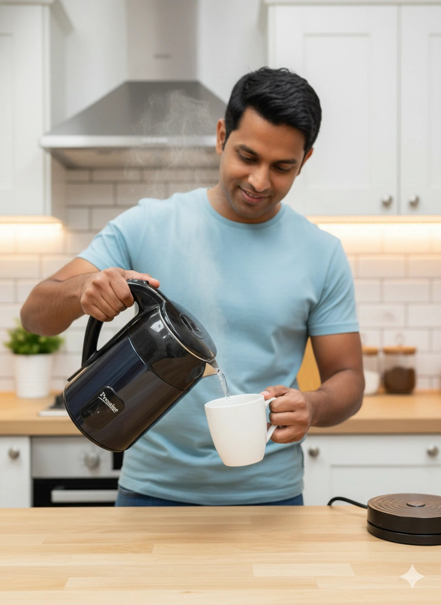 Man pouring tea from a black kettle into a white mug in a kitchen.