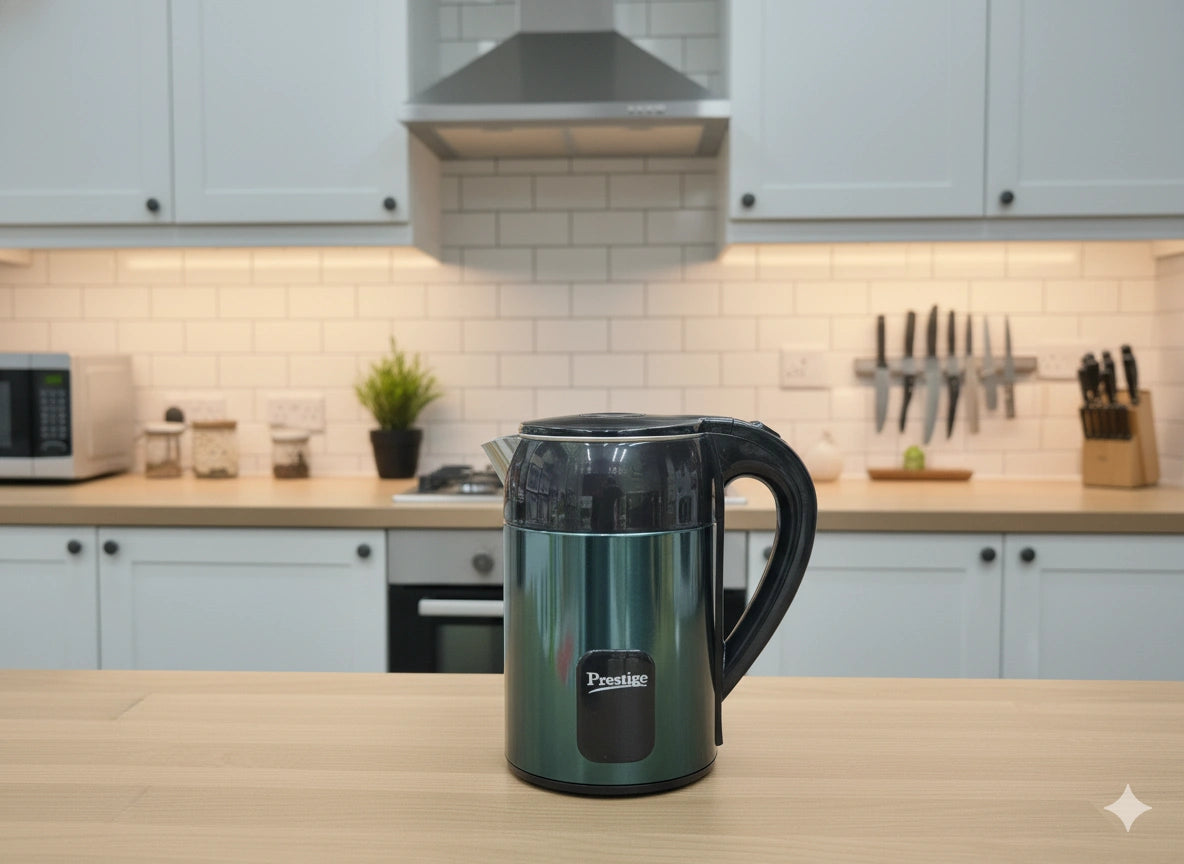 Green electric kettle on a kitchen counter with a modern kitchen background