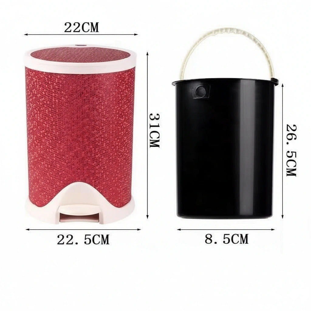 Measurement chart comparing a red glittery cylindrical container and a black bucket on a white background.