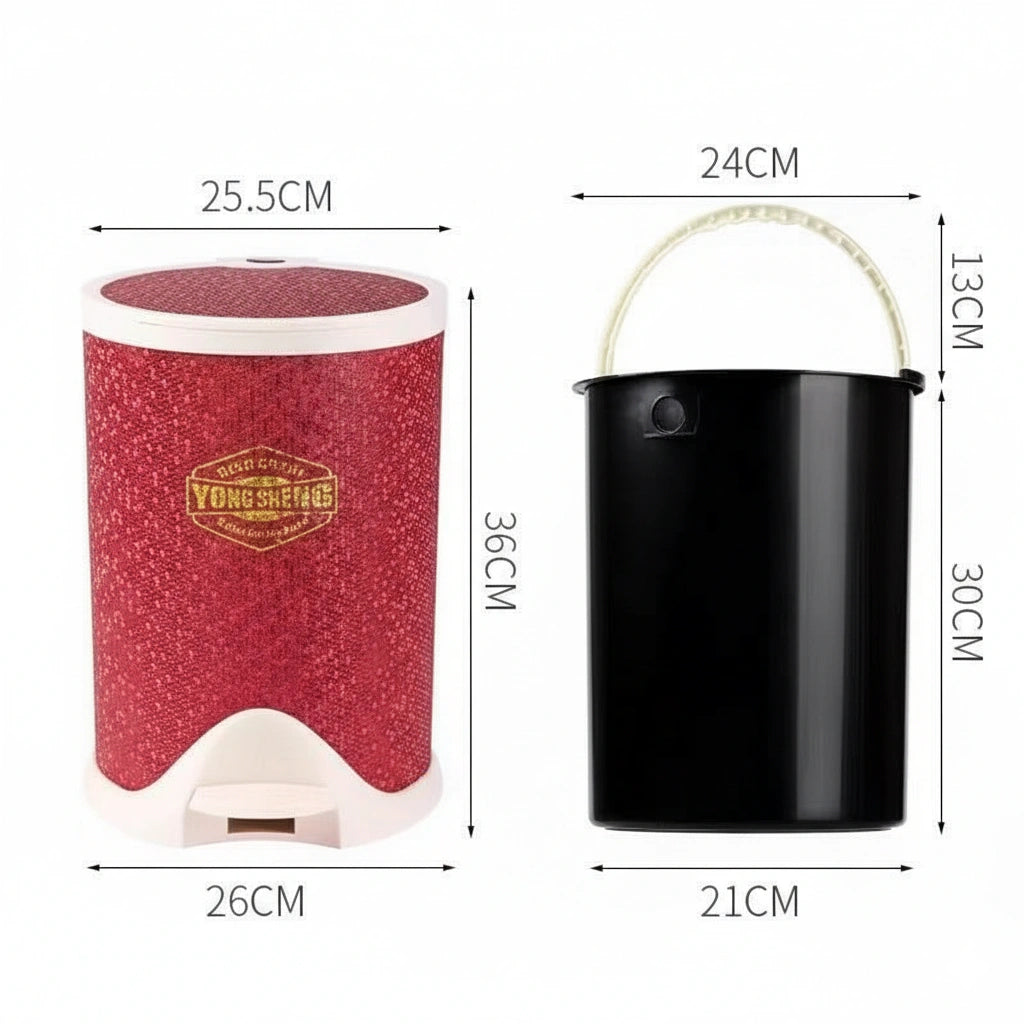 Measurement chart of a red and black container with dimensions labeled.