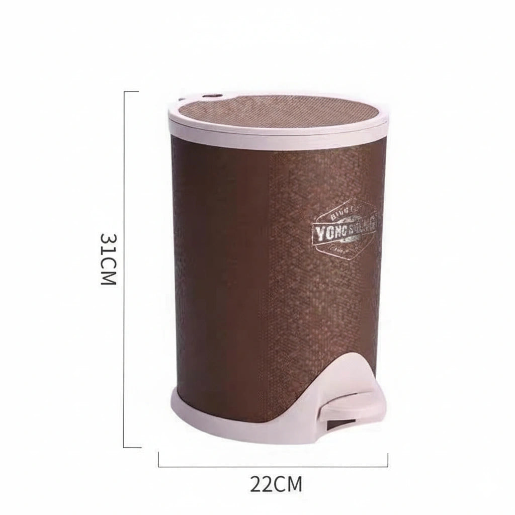 Brown trash bin with dimensions labeled on a white background