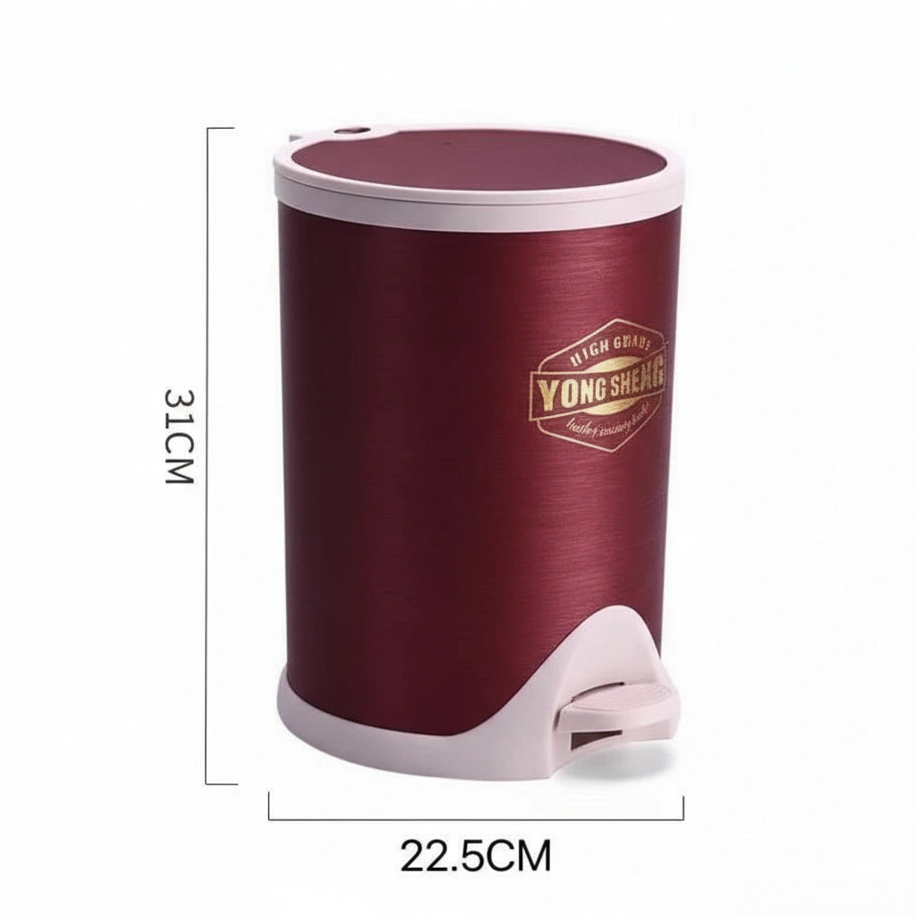 Maroon trash bin with white lid and foot pedal on a white background, featuring the 'Yong She' brand.