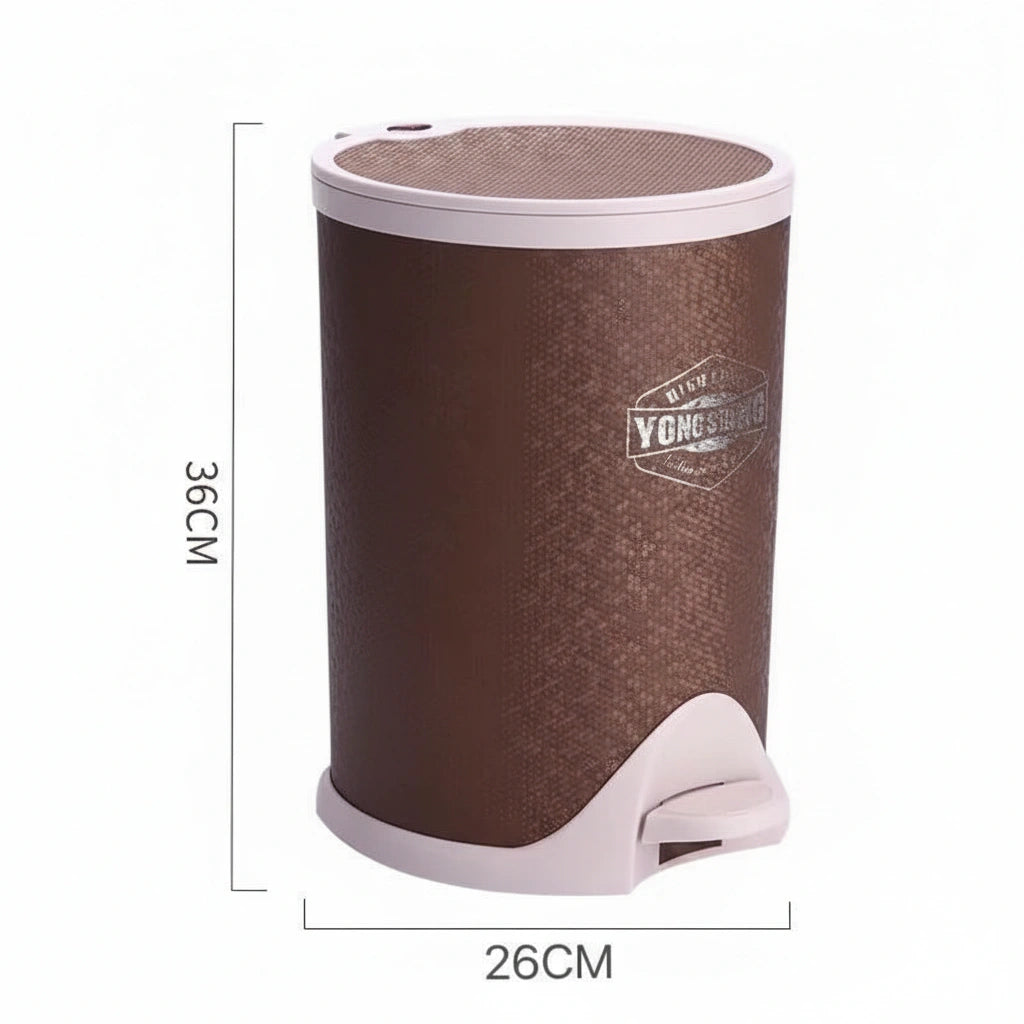 Brown trash bin with white pedal on a white background, featuring dimensions.