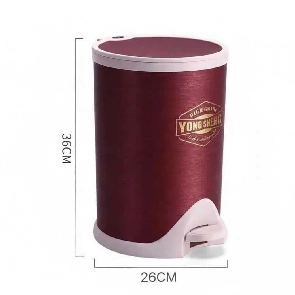 Maroon pedal bin with white lid and foot pedal, featuring 'Yong Sheng' branding, on a white background with dimensions indicated.