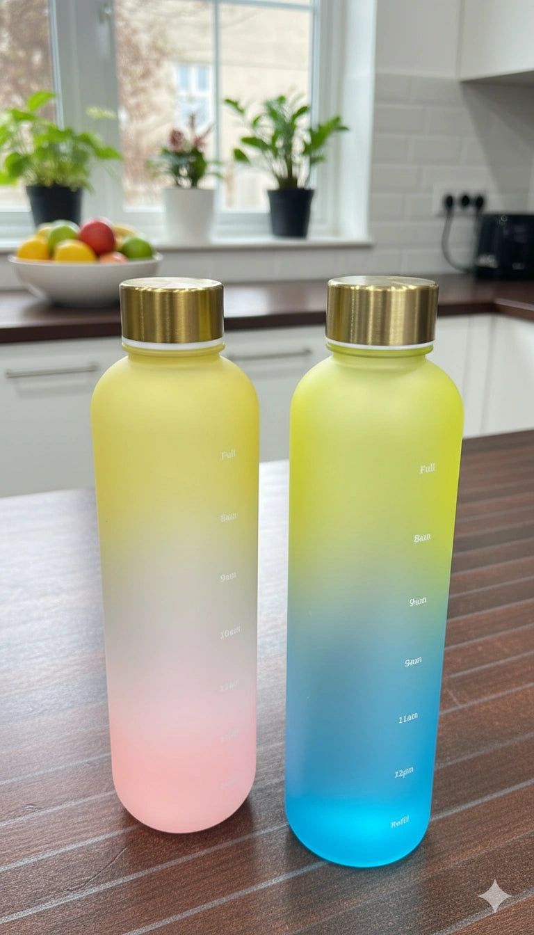 Two gradient water bottles on a kitchen counter with fruits and plants in the background.