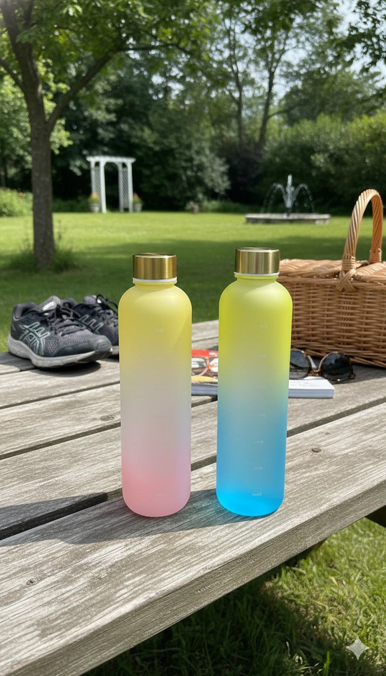 Two gradient water bottles on a wooden table outdoors with a garden background.