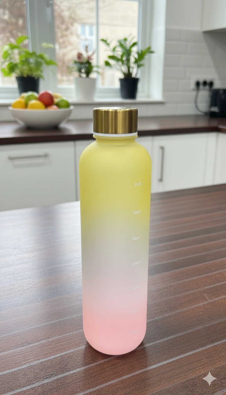Gradient water bottle with gold cap on a kitchen counter