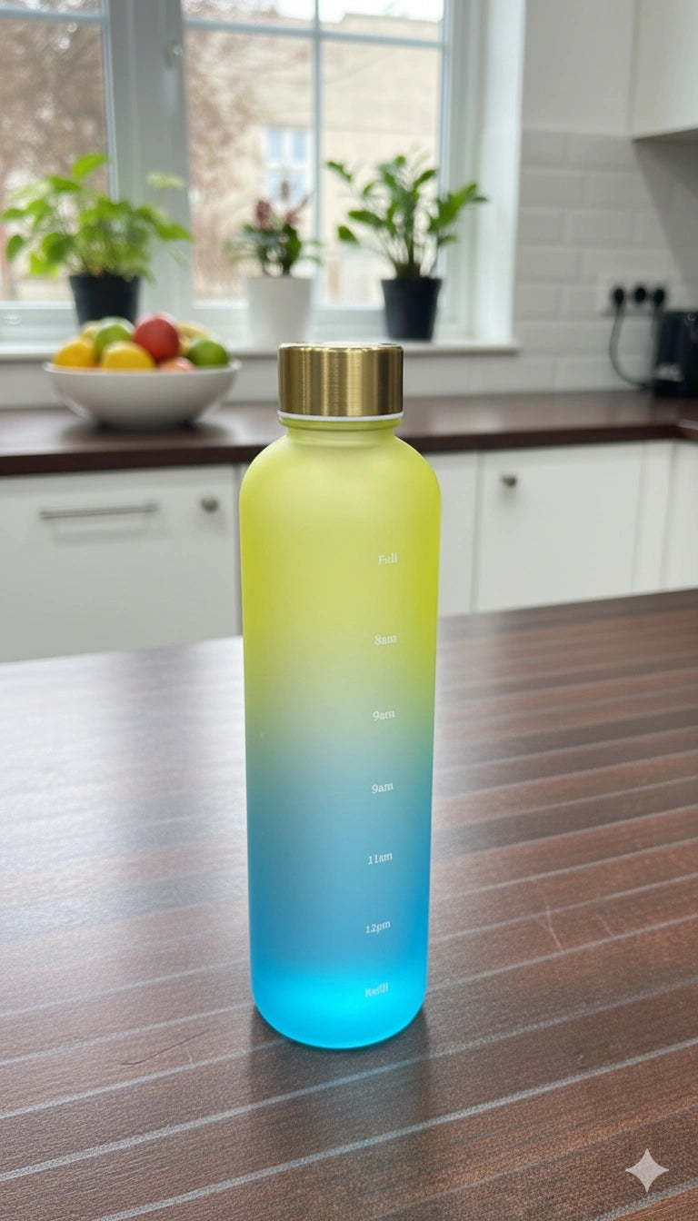 Gradient blue to yellow water bottle on a kitchen counter