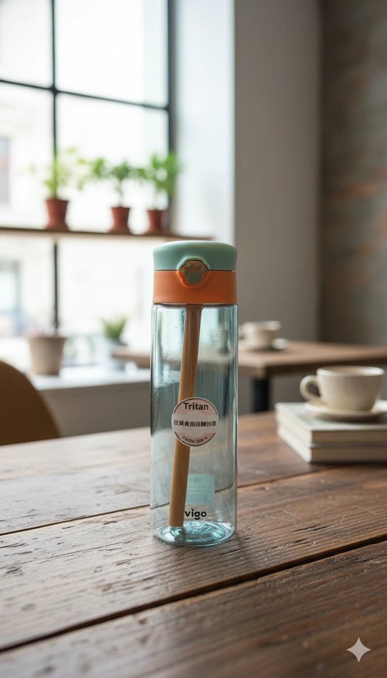 Clear water bottle with green cap on a wooden table