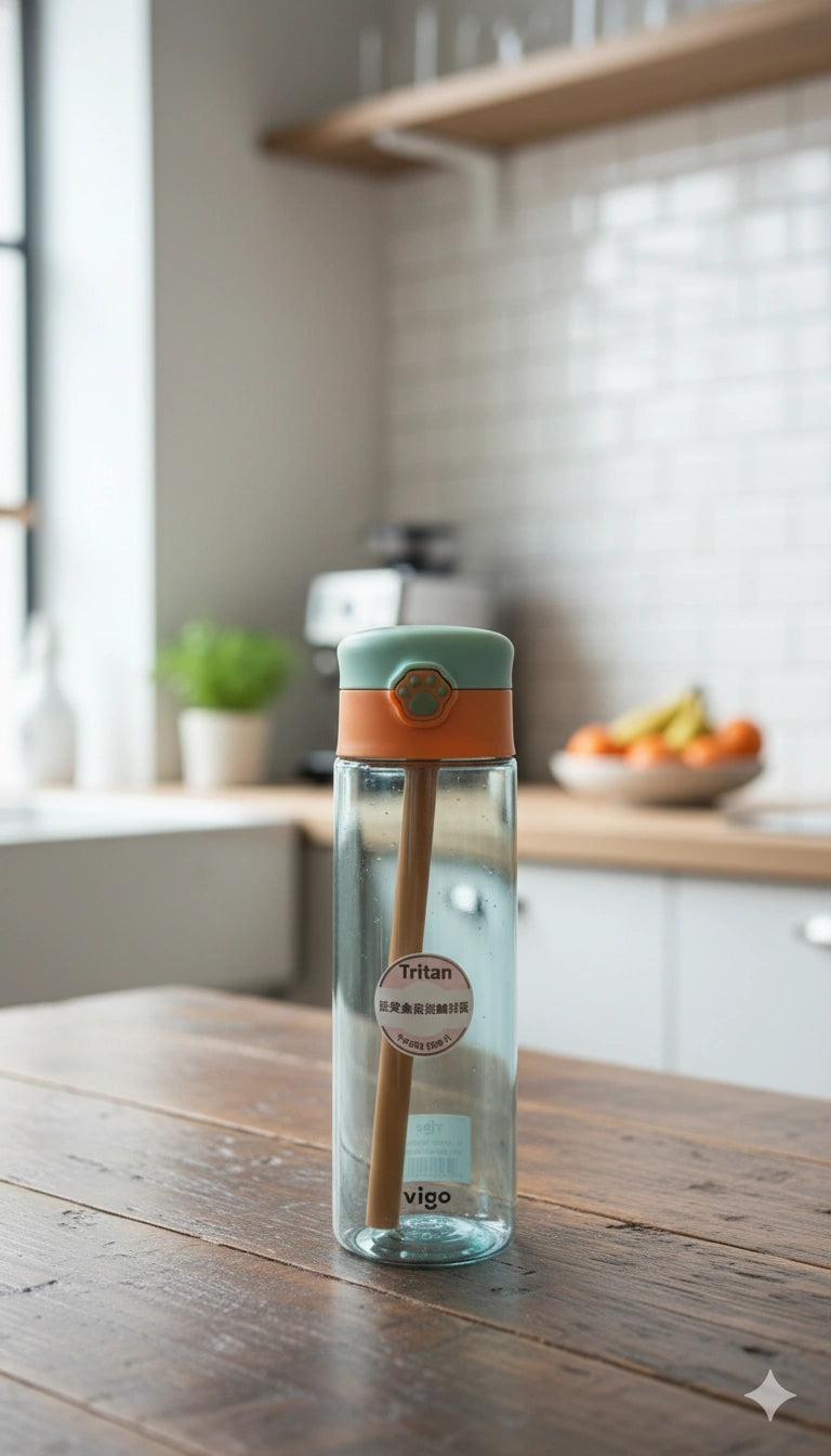 Clear water bottle with green cap on a wooden table in a kitchen setting