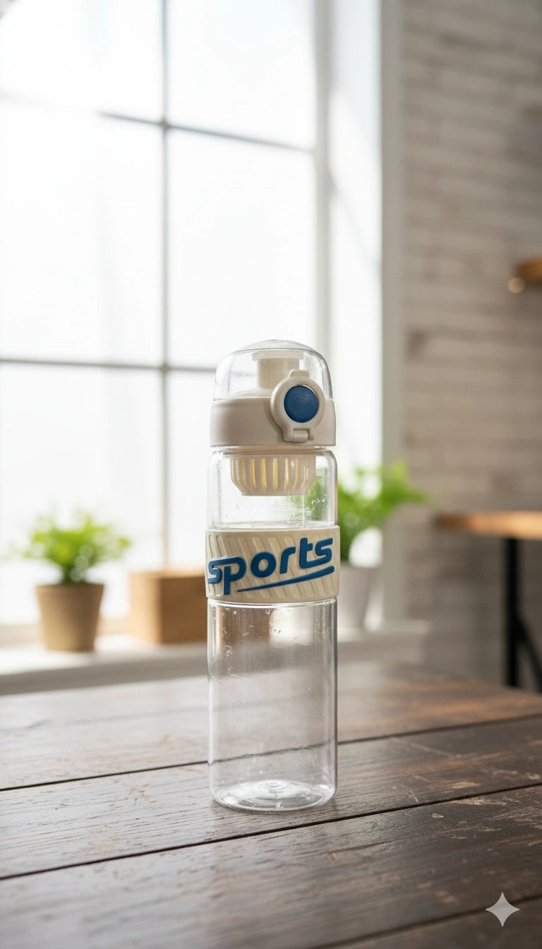 Clear water bottle with 'sports' text on a wooden table near a window.