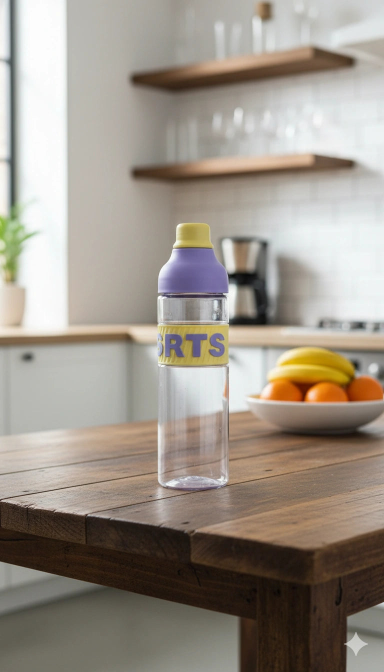 Clear water bottle with purple cap on a wooden table in a kitchen.