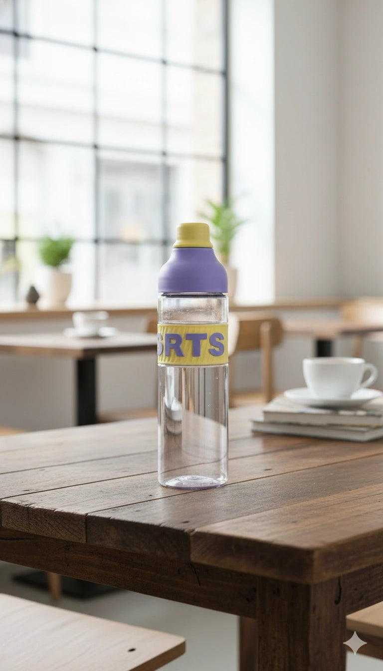 Clear bottle with a purple label on a wooden table in a room with large windows.