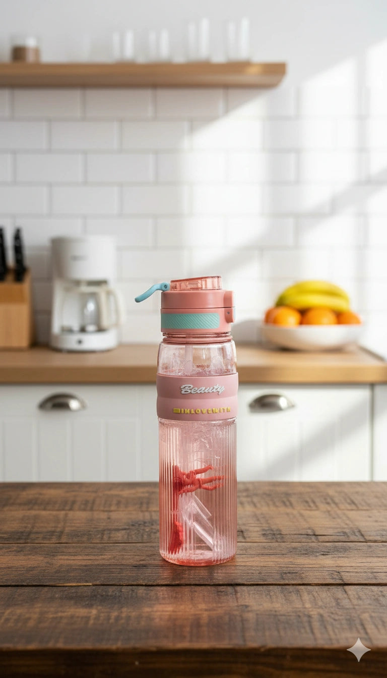 Pink water bottle with blue straw on a wooden table in a kitchen.